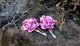 Rose Hair Clips - Pink Leopard Print w Dew Drops