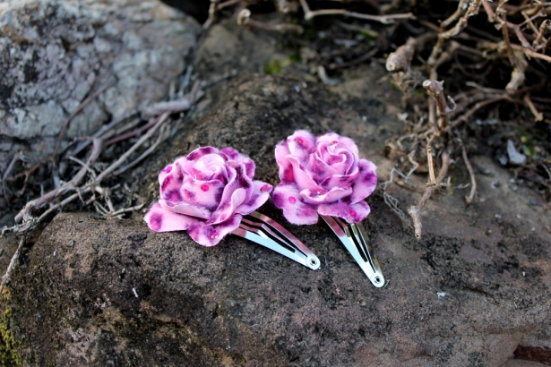 Rose Hair Clips - Pink Leopard Print w Dew Drops